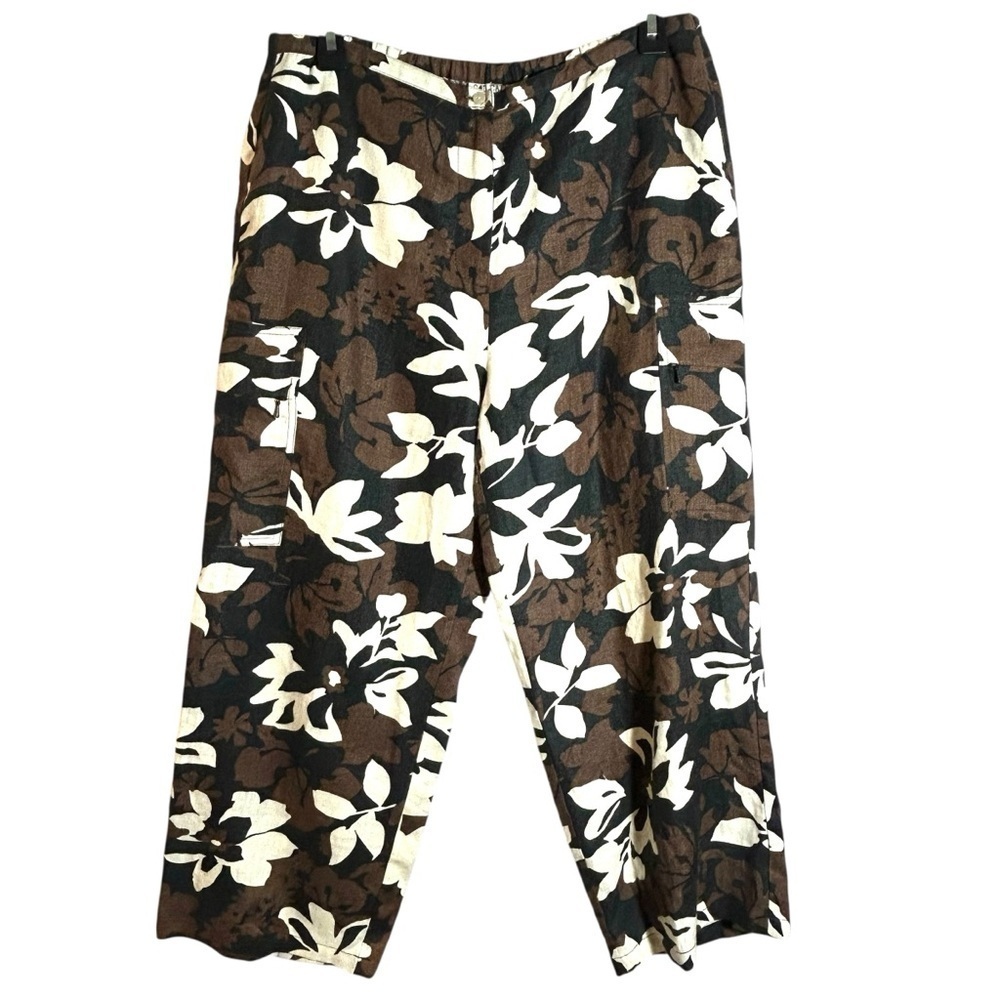 Cali Cali 100% Linen Cargo Wide Leg Style Floral Crop Pants Brown Multi Size M - Picture 1 of 10
